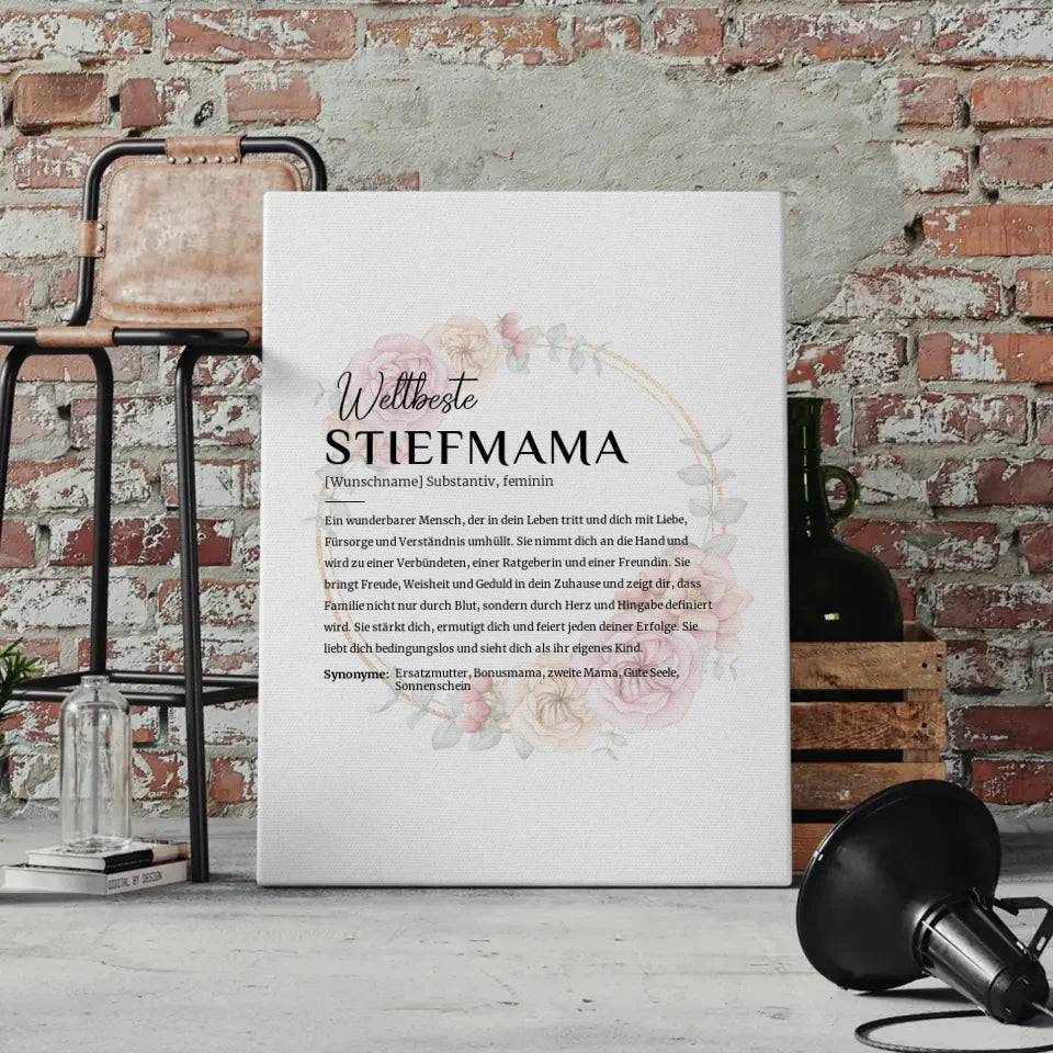 Personalisierte Leinwand Definition Stiefmama mit Name Floral Kreis