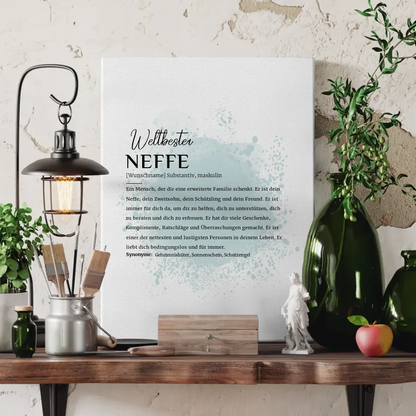 Personalisierte Leinwand Definition Neffe mit Name Farbspitzer Blau