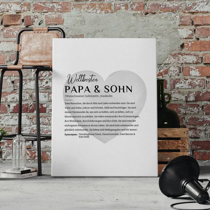 Personalisierte Leinwand Definition Papa & Sohn mit Name Wasserfarben Herz Grau