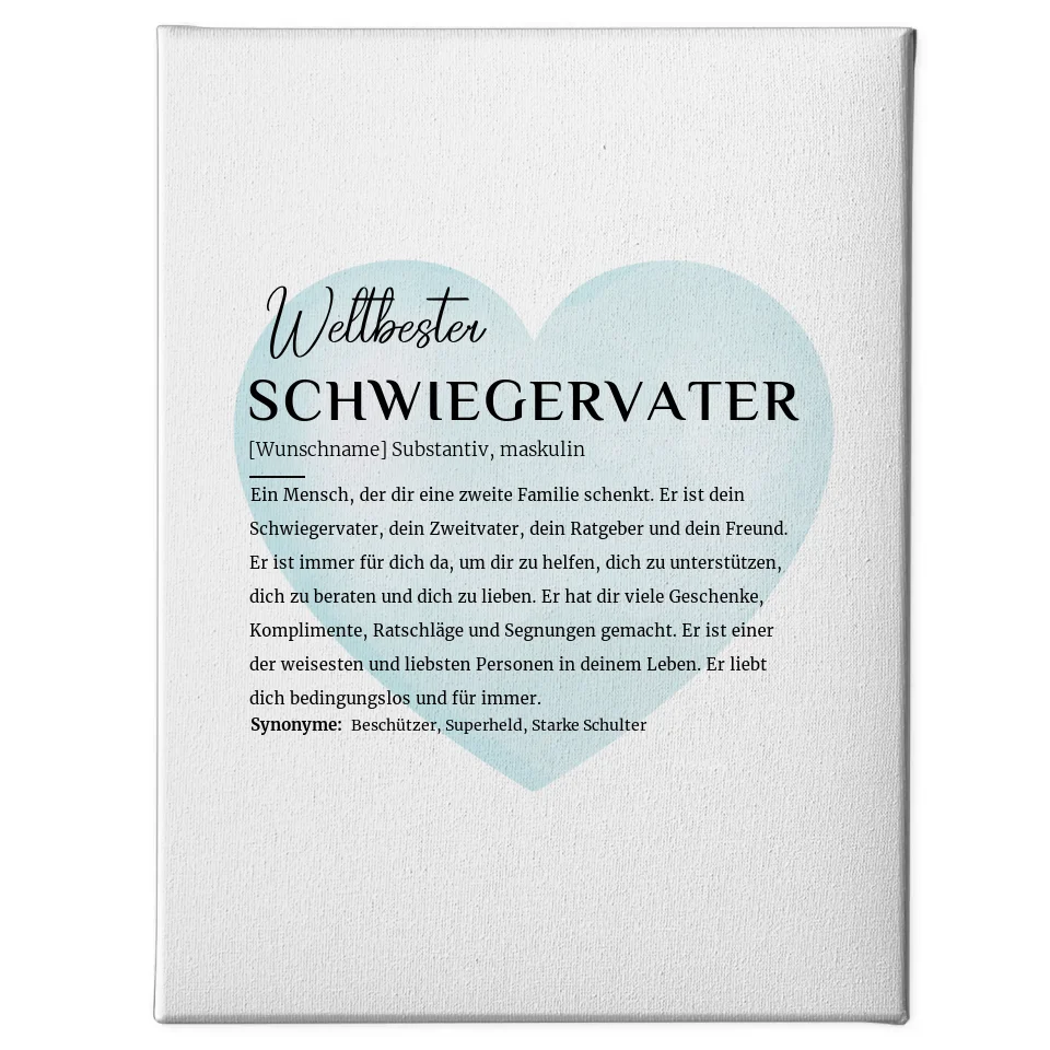 Personalisierte Leinwand Definition Schwiegervater mit Name Wasserfarben Herz Hellblau