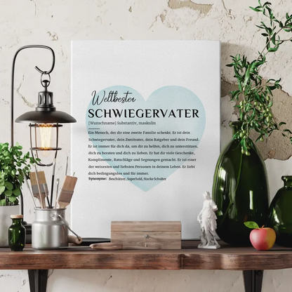 Personalisierte Leinwand Definition Schwiegervater mit Name Wasserfarben Herz Hellblau