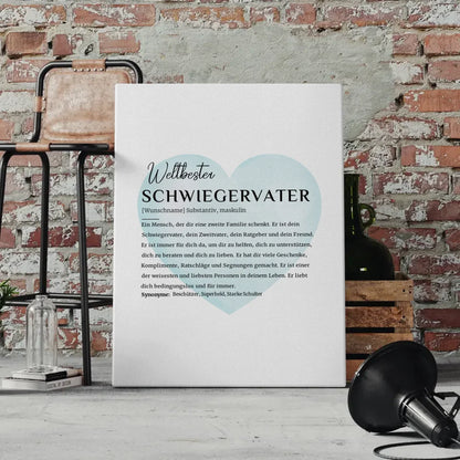 Personalisierte Leinwand Definition Schwiegervater mit Name Wasserfarben Herz Hellblau