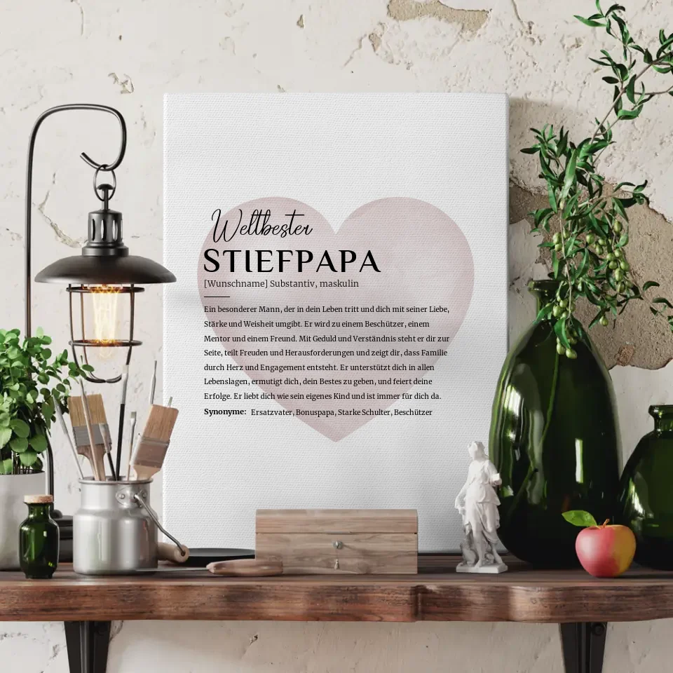 Personalisierte Leinwand Definition Stiefpapa mit Name Wasserfarben Herz 3