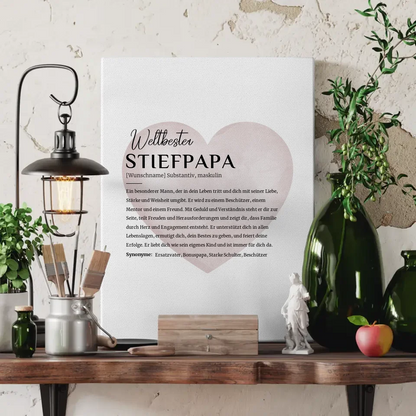 Personalisierte Leinwand Definition Stiefpapa mit Name Wasserfarben Herz 3