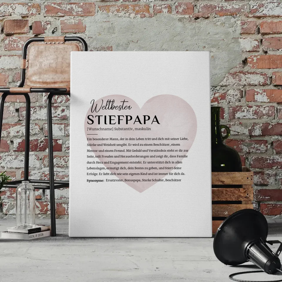 Personalisierte Leinwand Definition Stiefpapa mit Name Wasserfarben Herz 4