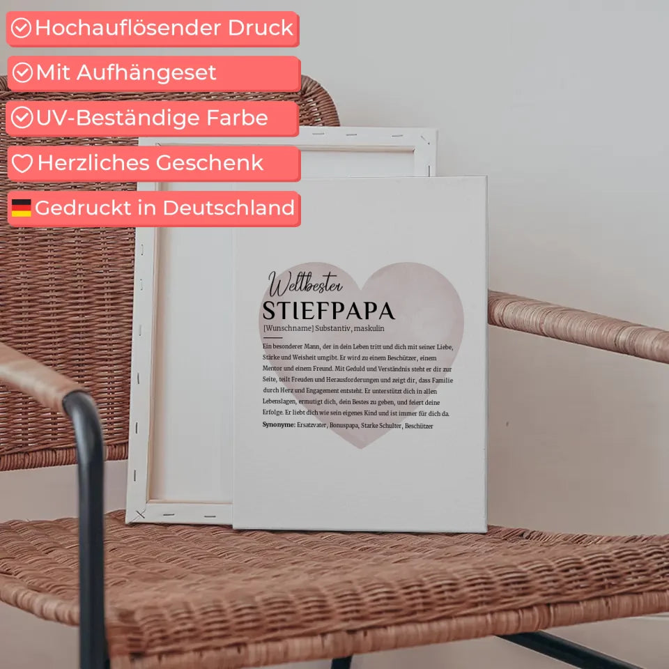 Personalisierte Leinwand Definition Stiefpapa mit Name Wasserfarben Herz 5