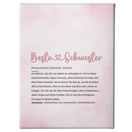 Personalisierte Leinwand Herz Beste Schwester Definition mit Name 1
