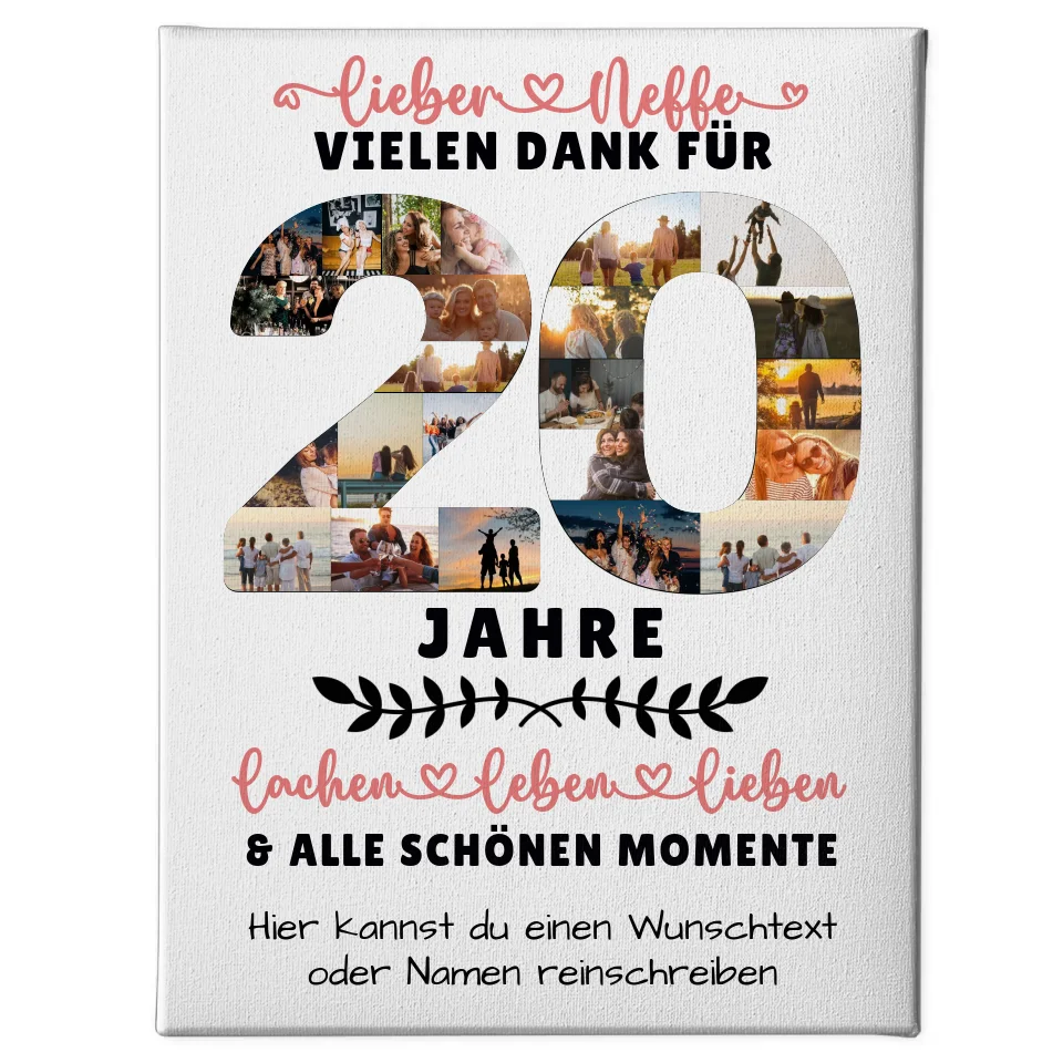 Personalisierte Leinwand für Neffe zum 20 Geburtstag mit Fotos und Wunschtext