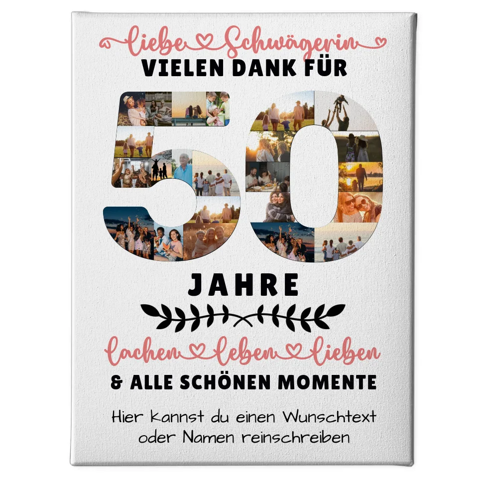 Personalisierte Leinwand für Schwägerin zum 50. Geburtstag mit Fotos und Wunschtext 1