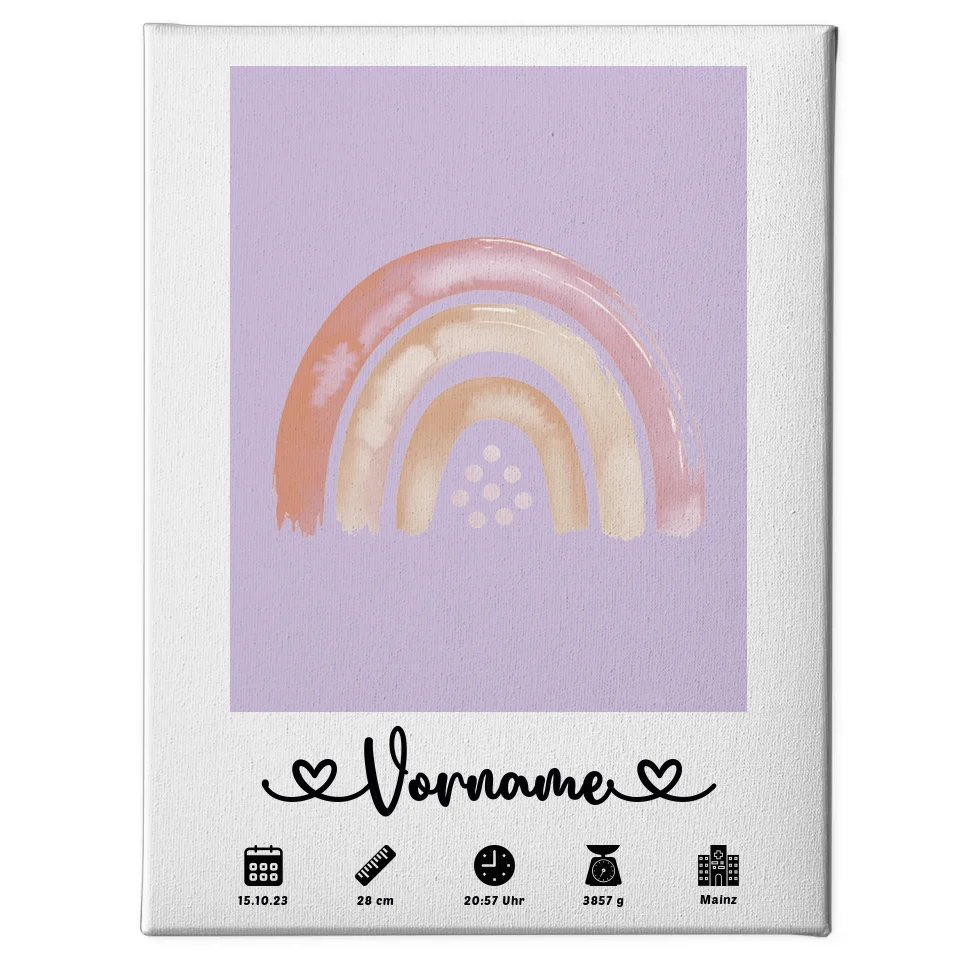 Leinwand Geburtsleinwand Personalisiert Regenbogen Beige Flieder