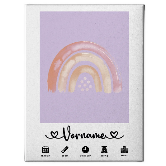 Leinwand Geburtsleinwand Personalisiert Regenbogen Beige Flieder 1