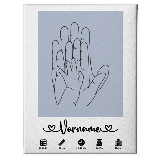 Personalisierte Leinwand Geburt in Blau Pastell mit Geburtsdaten und Hände Lineart 1