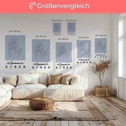 Personalisierte Leinwand Geburt in Blau Pastell mit Geburtsdaten und Hände Lineart