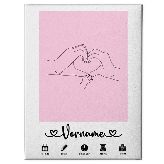 Personalisiert Geburtsleinwand Hände Lineart hellrosa mit Name 1