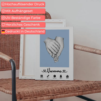 Personalisierte Leinwand Geburt mit Geburtsdaten Hände Lichtblau