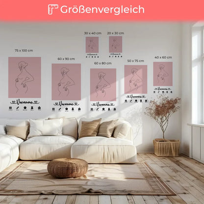 Personalisierte Geburtsleinwand Altrosa Leinwand mit Name Geburtsdaten Lineart Schwanger