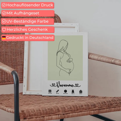 Personalisierte Leinwand Geburt mit Geburtsdaten Lineart Schwanger