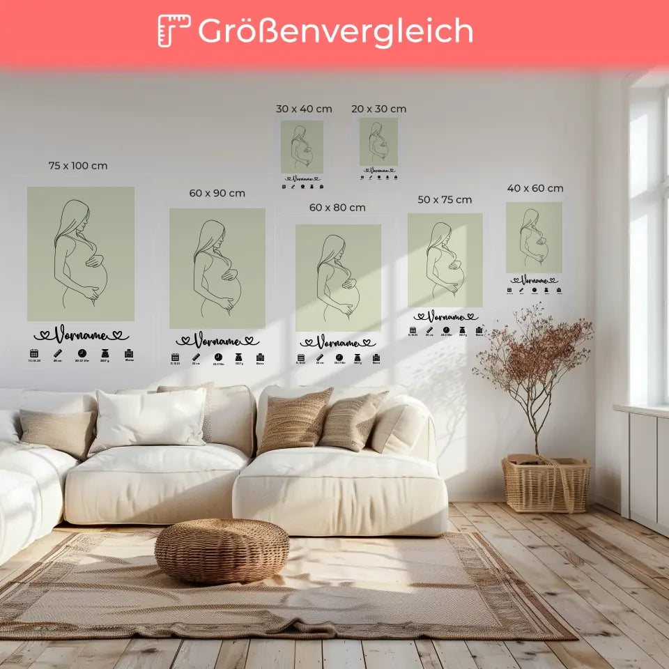 Personalisierte Leinwand Geburt mit Geburtsdaten Lineart Schwanger