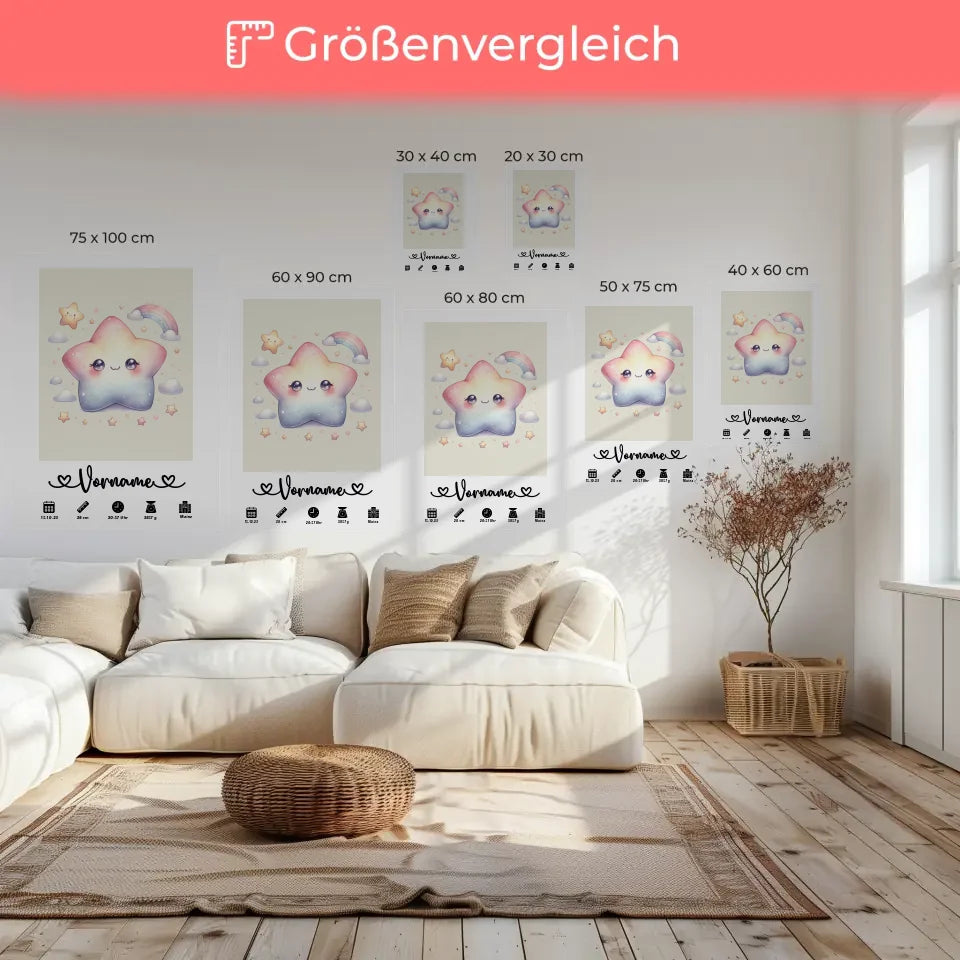 Personalisierte Leinwand Geburt Stern Sweet Cremeweiß für Kinderzimmer