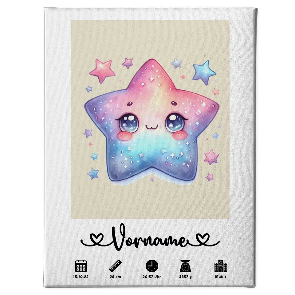Personalisierte Geburtsleinwand Stern Sweet Bunt Perlweiß 60x40 cm 1