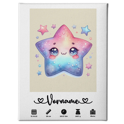 Personalisierte Geburtsleinwand Stern Sweet Bunt Perlweiß 60x40 cm 1