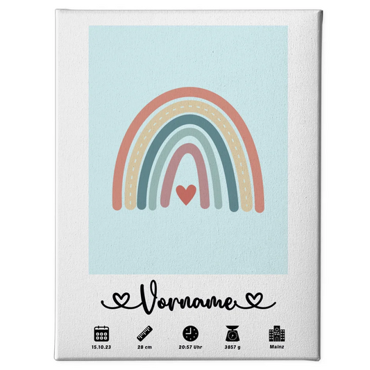 Leinwand Geburtsleinwand Personalisiert Regenbogen Vintage Pastellblau mit Name für Kinderzimmer 1