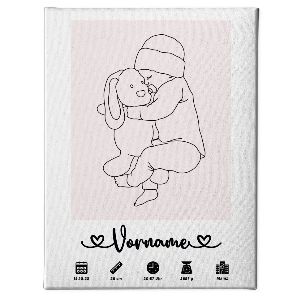 Personalisierte Leinwand Geburt Baby Lineart Weißrosa mit Name