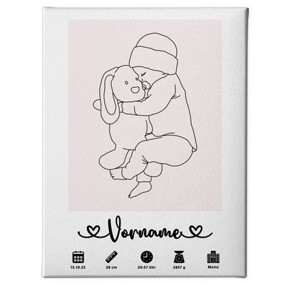 Personalisierte Leinwand Geburt Baby Lineart Weißrosa mit Name