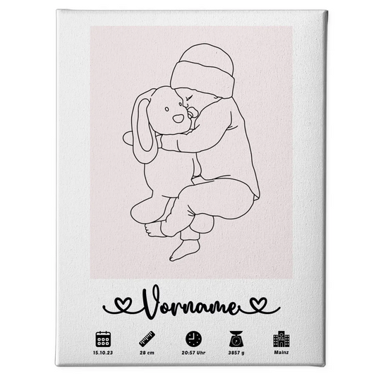 Personalisierte Leinwand Geburt Baby Lineart Weißrosa mit Name 1