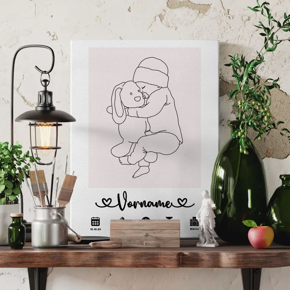 Personalisierte Leinwand Geburt Baby Lineart Weißrosa mit Name