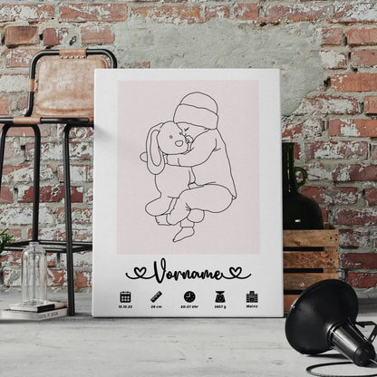 Personalisierte Leinwand Geburt Baby Lineart Weißrosa mit Name