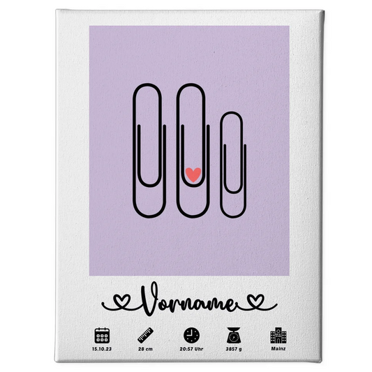 Personalisierte Geburtsleinwand mit Geburtsdaten Klammern Flieder für Kinderzimmer 1