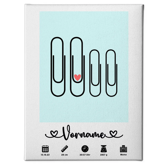 Personalisierte Leinwand Geburt mit Geburtsdaten Mintgrün Klammern 1