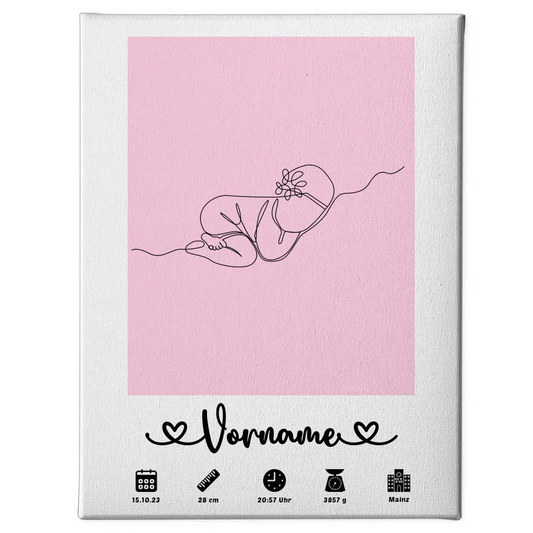 Personalisierte Leinwand Geburt Baby Schläft Lineart Hellrosa Kinderzimmer 1