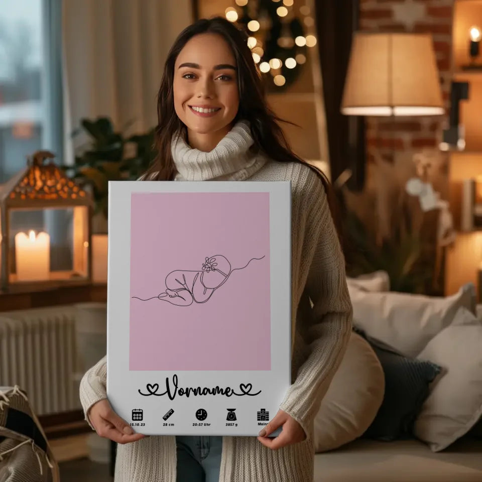 Personalisierte Leinwand Geburt Baby Schläft Lineart Hellrosa Kinderzimmer