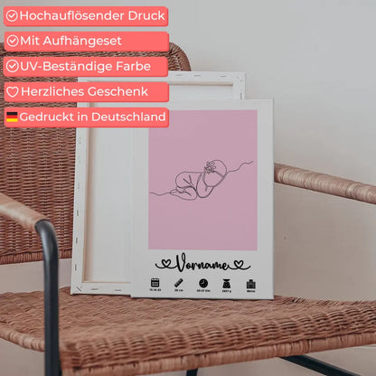 Personalisierte Leinwand Geburt Baby Schläft Lineart Hellrosa Kinderzimmer