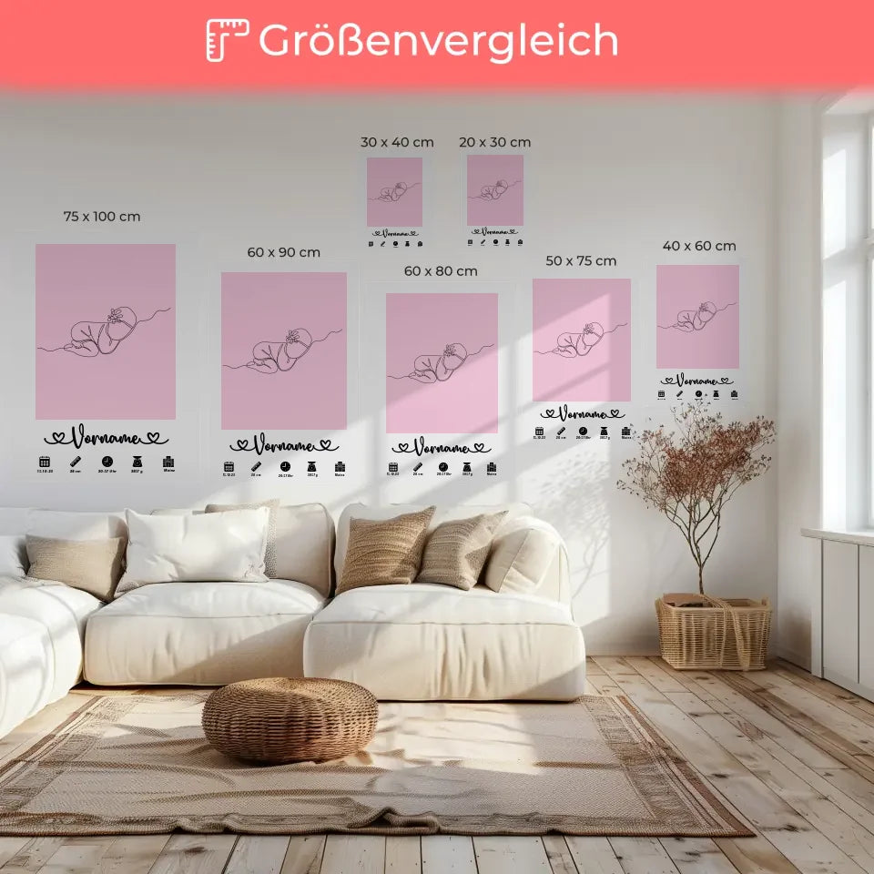 Personalisierte Leinwand Geburt Baby Schläft Lineart Hellrosa Kinderzimmer