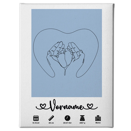 Geburtsleinwand Personalisiert Lichtblau mit Babyfüße Lineart 1