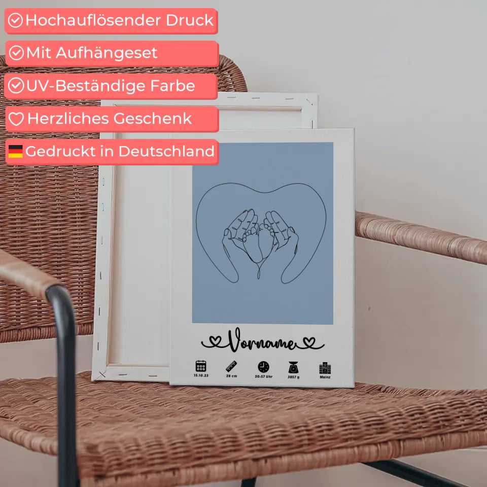 Geburtsleinwand Personalisiert Lichtblau mit Babyfüße Lineart