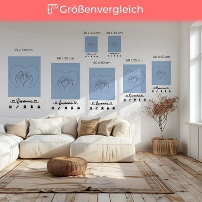 Geburtsleinwand Personalisiert Lichtblau mit Babyfüße Lineart