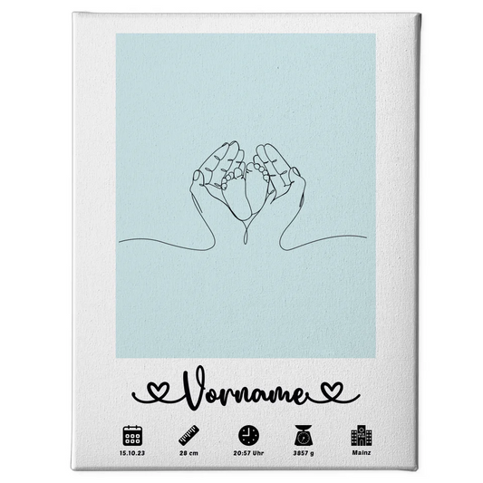 Personalisierte Leinwand Geburt mit Babyfüßen Lineart Blaugrau und Name 1