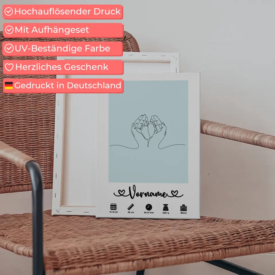 Personalisierte Leinwand Geburt mit Babyfüßen Lineart Blaugrau und Name