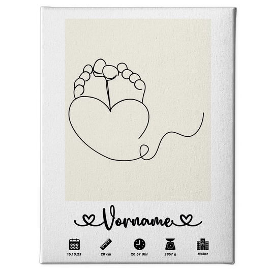 Personalisierte Leinwand Geburt Babyfüße Herz Beige Kinderzimmer 1