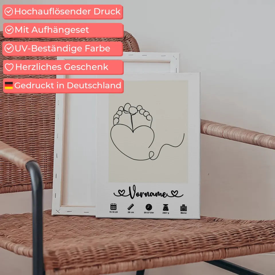 Personalisierte Leinwand Geburt Babyfüße Herz Beige Kinderzimmer