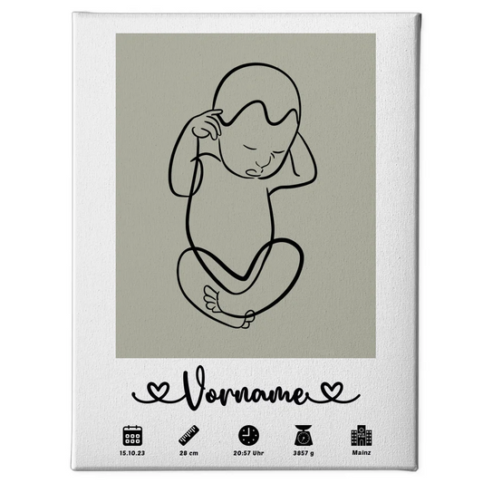 Personalisierte Geburtsleinwand mit Name in Grau Baby Lineart 1