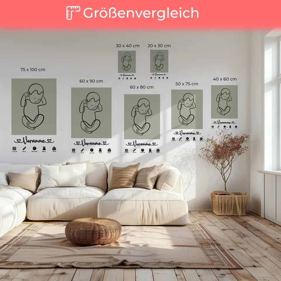 Personalisierte Geburtsleinwand mit Name in Grau Baby Lineart