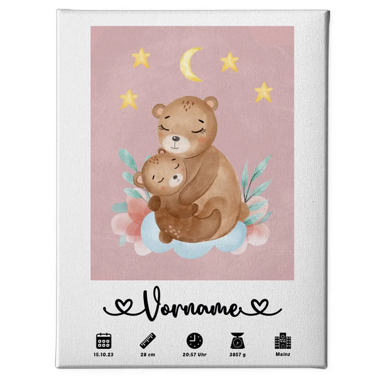 Personalisierte Leinwand Geburt Bären Mama Altrosa Kinderzimmer 1