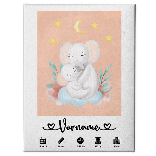 Personalisierte Geburtsleinwand Elefanten Mama BeigeRot mit Name und Geburtsdaten 1