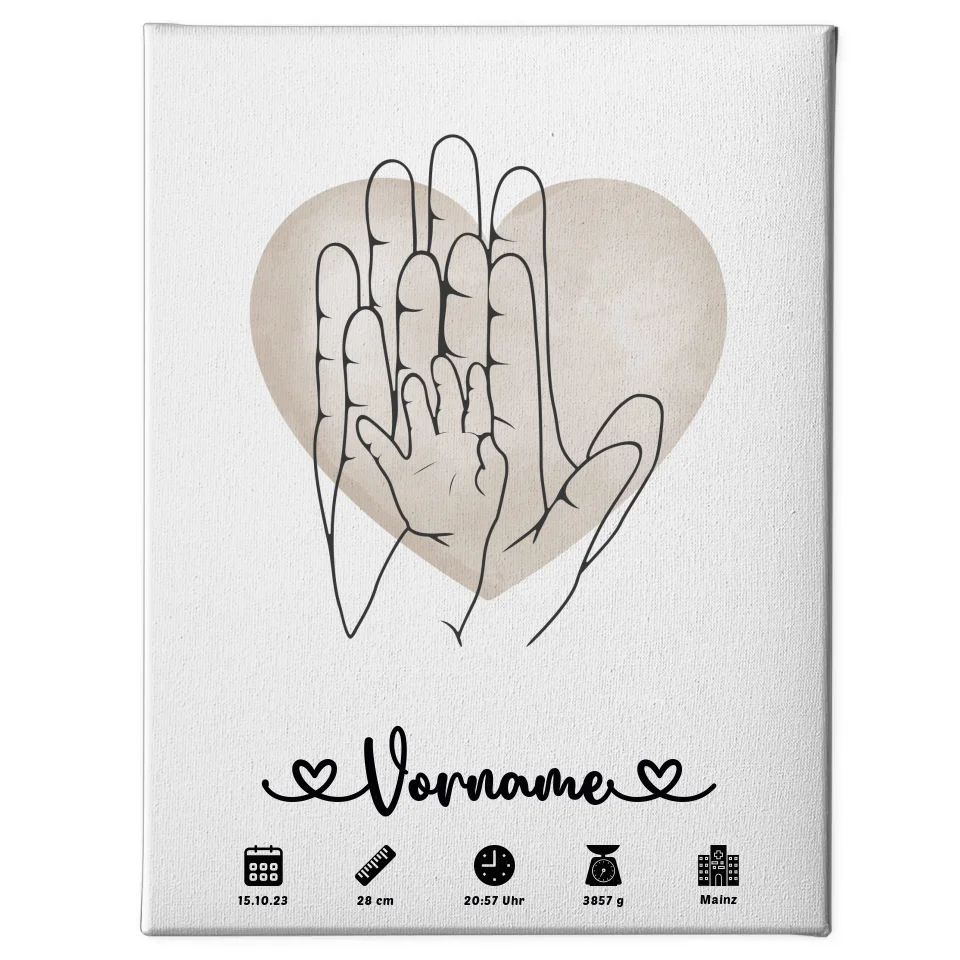Personalisierte Leinwand Geburt Wasserfarben Herz Hände Lineart Kinderzimmer 1