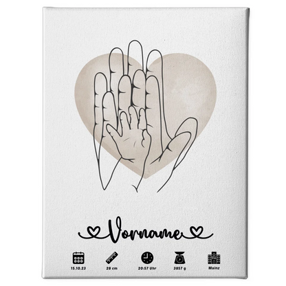 Personalisierte Leinwand Geburt Wasserfarben Herz Hände Lineart Kinderzimmer 1